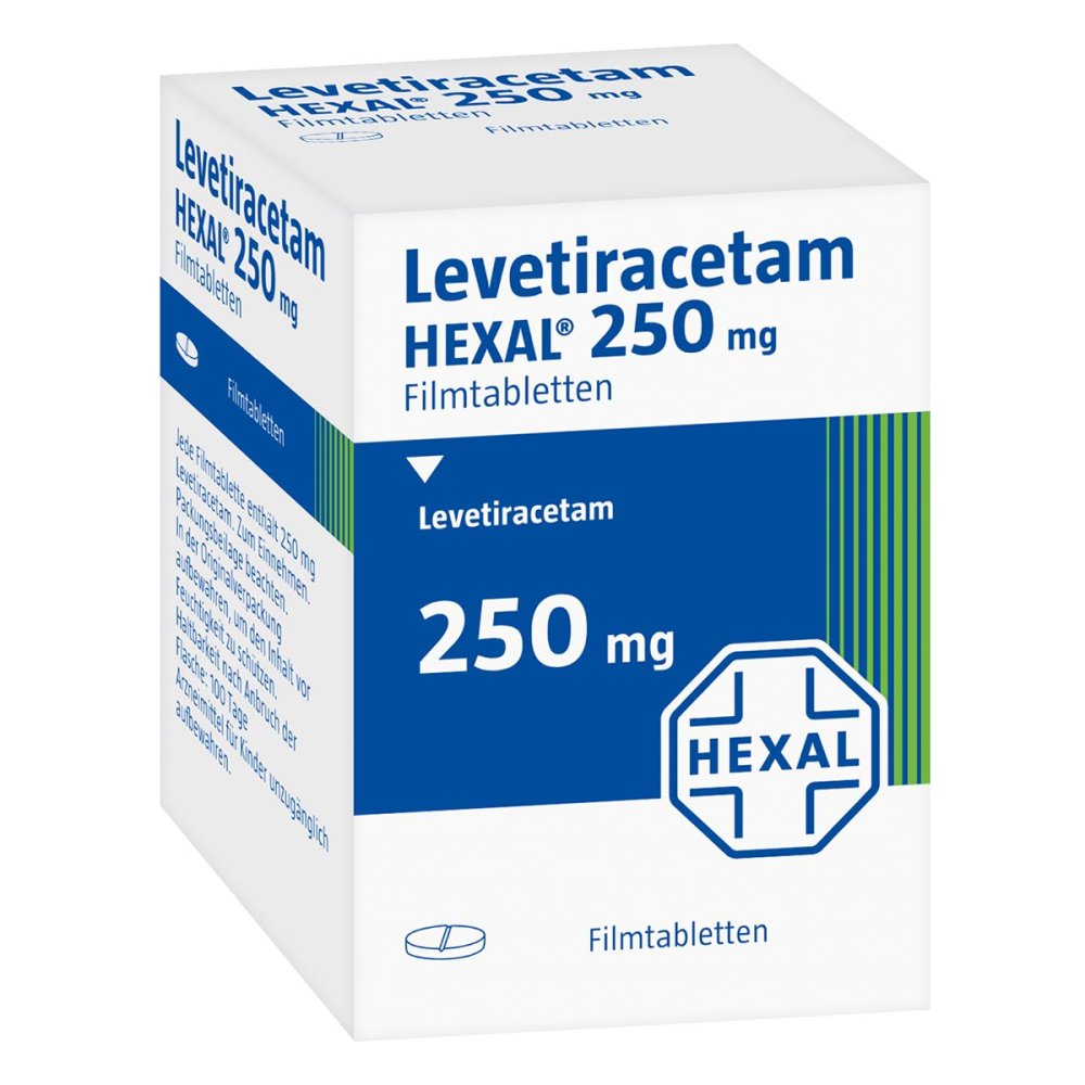 Das Produktfoto zeigt Levetiracetam Hexal 250 Mg Filmtabletten (100 stk) PZN 09123170