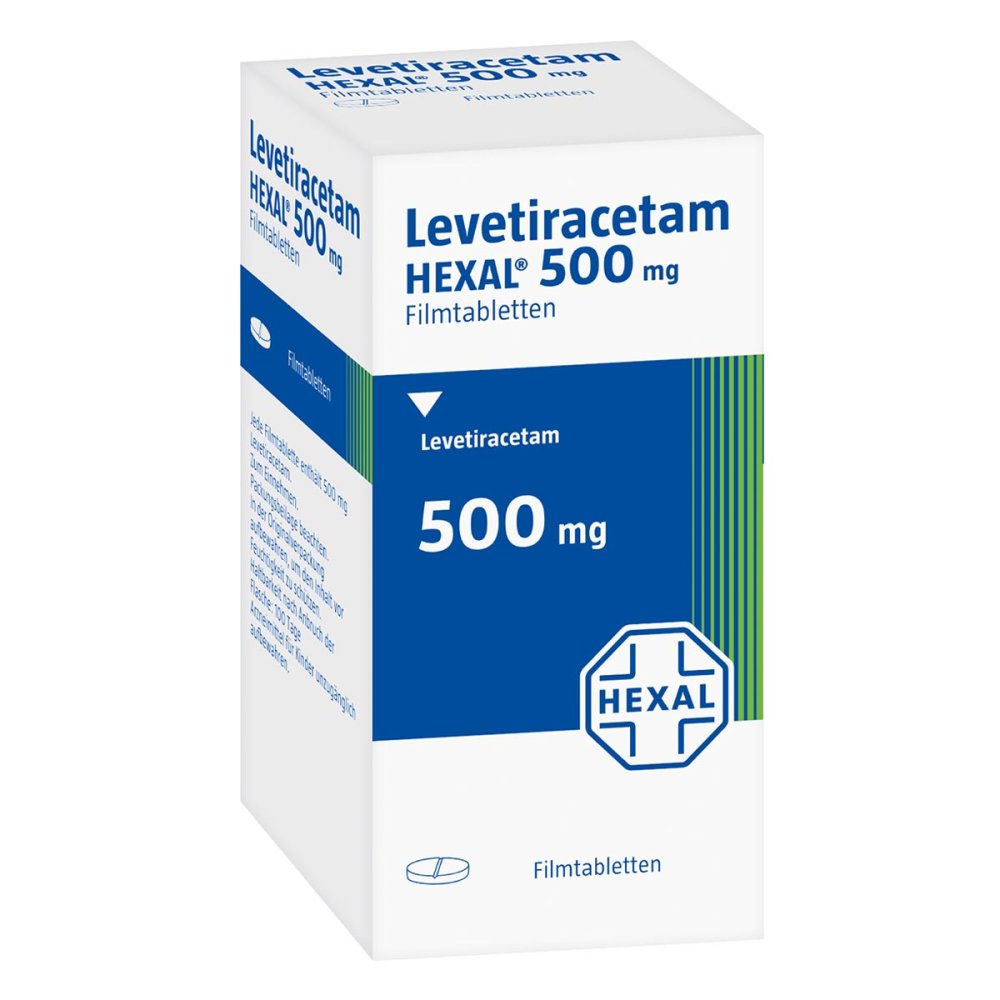 Das Produktfoto zeigt Levetiracetam Hexal 500 Mg Filmtabletten (200 stk) PZN 09123230