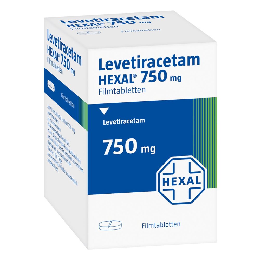 Das Produktfoto zeigt Levetiracetam Hexal 750 Mg Filmtabletten (100 stk) PZN 09123253