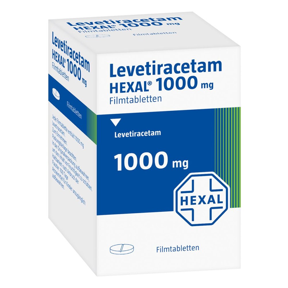 Das Produktfoto zeigt Levetiracetam Hexal 1000 Mg Filmtabletten (100 stk) PZN 09123299