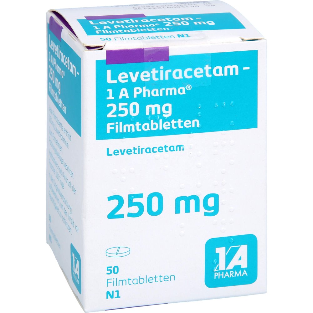 Das Produktfoto zeigt Levetiracetam-1a Pharma 250 Mg Filmtabletten (50 stk) PZN 09123313
