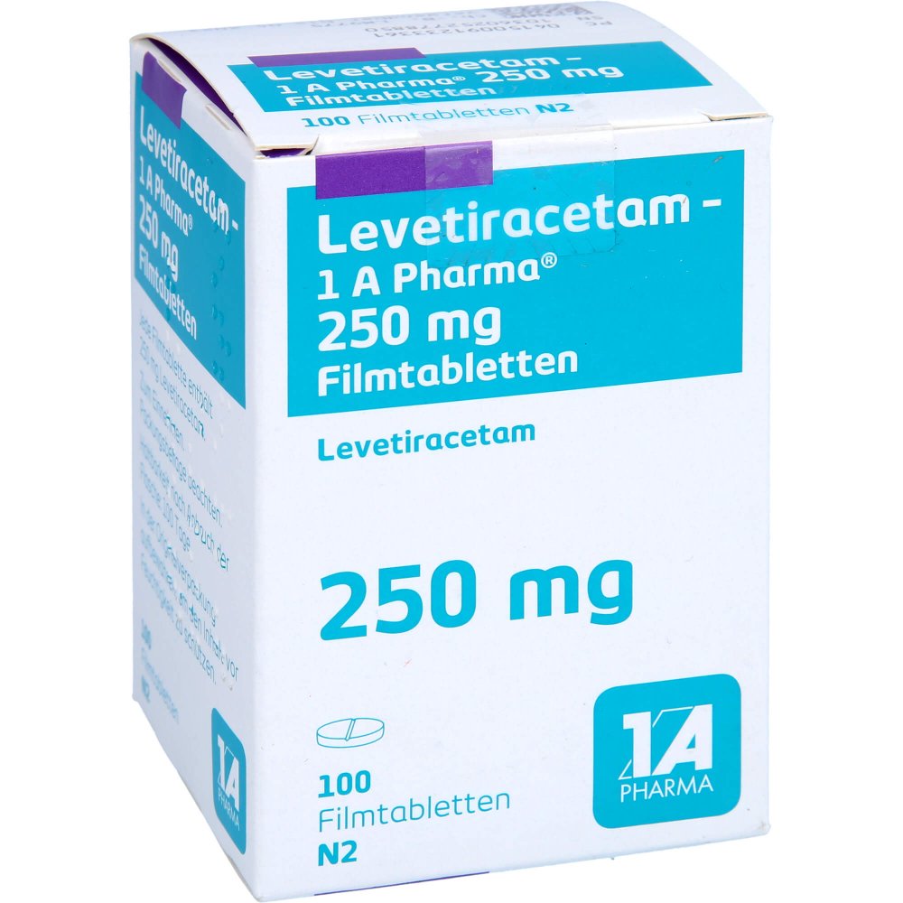 Das Produktfoto zeigt Levetiracetam-1a Pharma 250 Mg Filmtabletten (100 stk) PZN 09123336