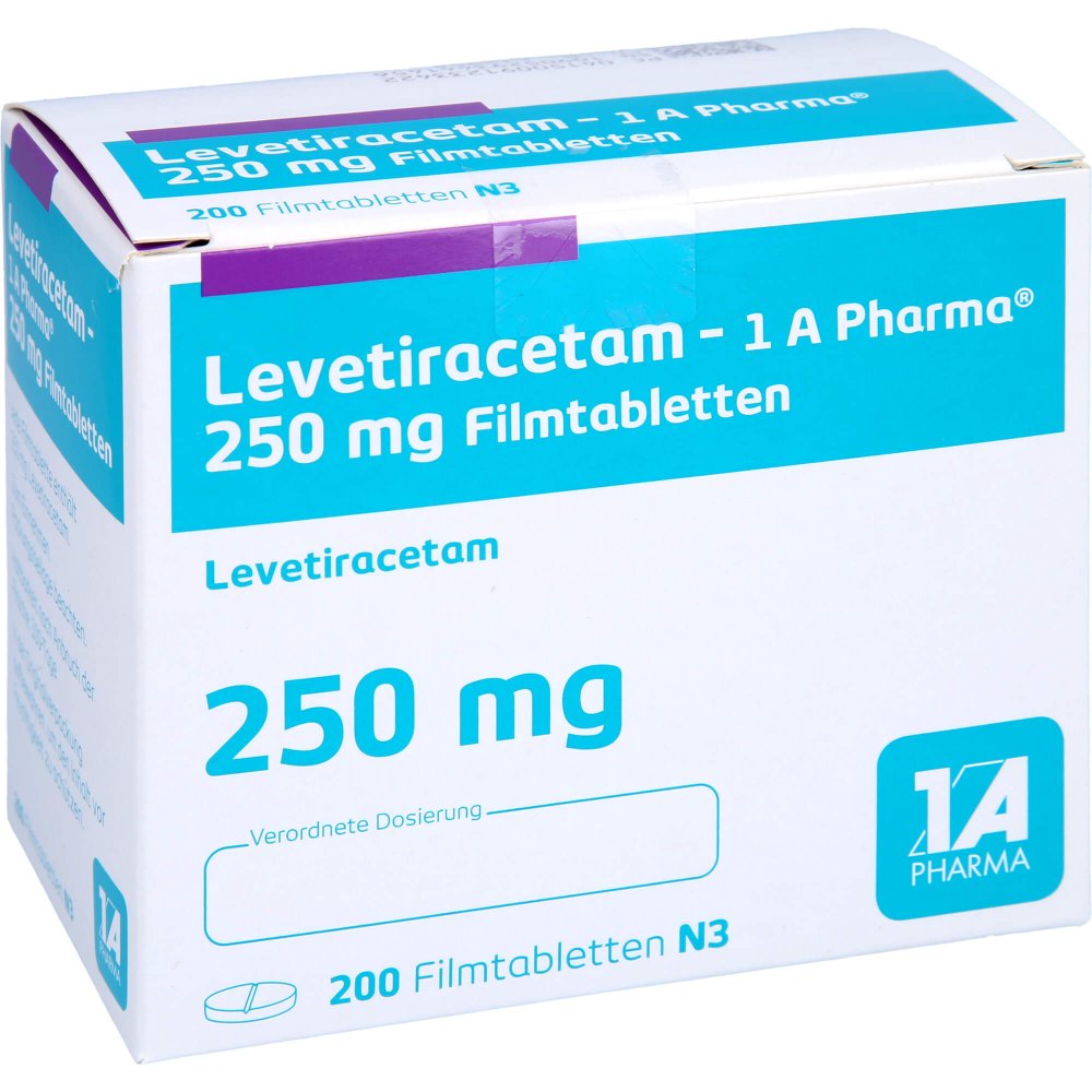 Das Produktfoto zeigt Levetiracetam-1a Pharma 250 Mg Filmtabletten (200 stk) PZN 09123342