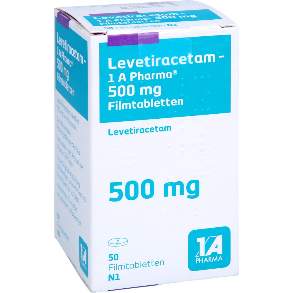 Das Produktfoto zeigt Levetiracetam-1a Pharma 500 Mg Filmtabletten (50 stk) PZN 09123359