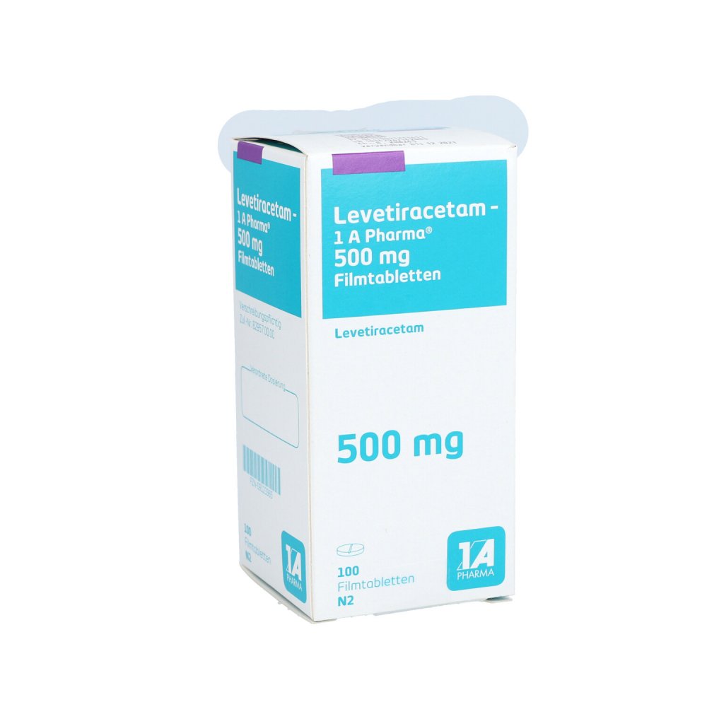 Das Produktfoto zeigt Levetiracetam-1a Pharma 500 Mg Filmtabletten (100 stk) PZN 09123365