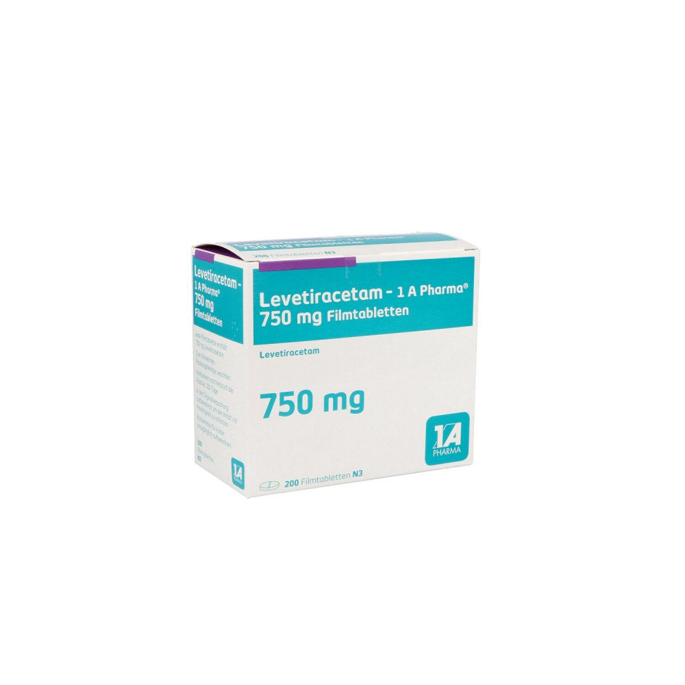 Das Produktfoto zeigt Levetiracetam-1a Pharma 750 Mg Filmtabletten (200 stk) PZN 09123402
