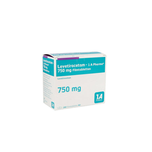 Das Produktfoto zeigt Levetiracetam-1a Pharma 750 Mg Filmtabletten (200 stk) PZN 09123402