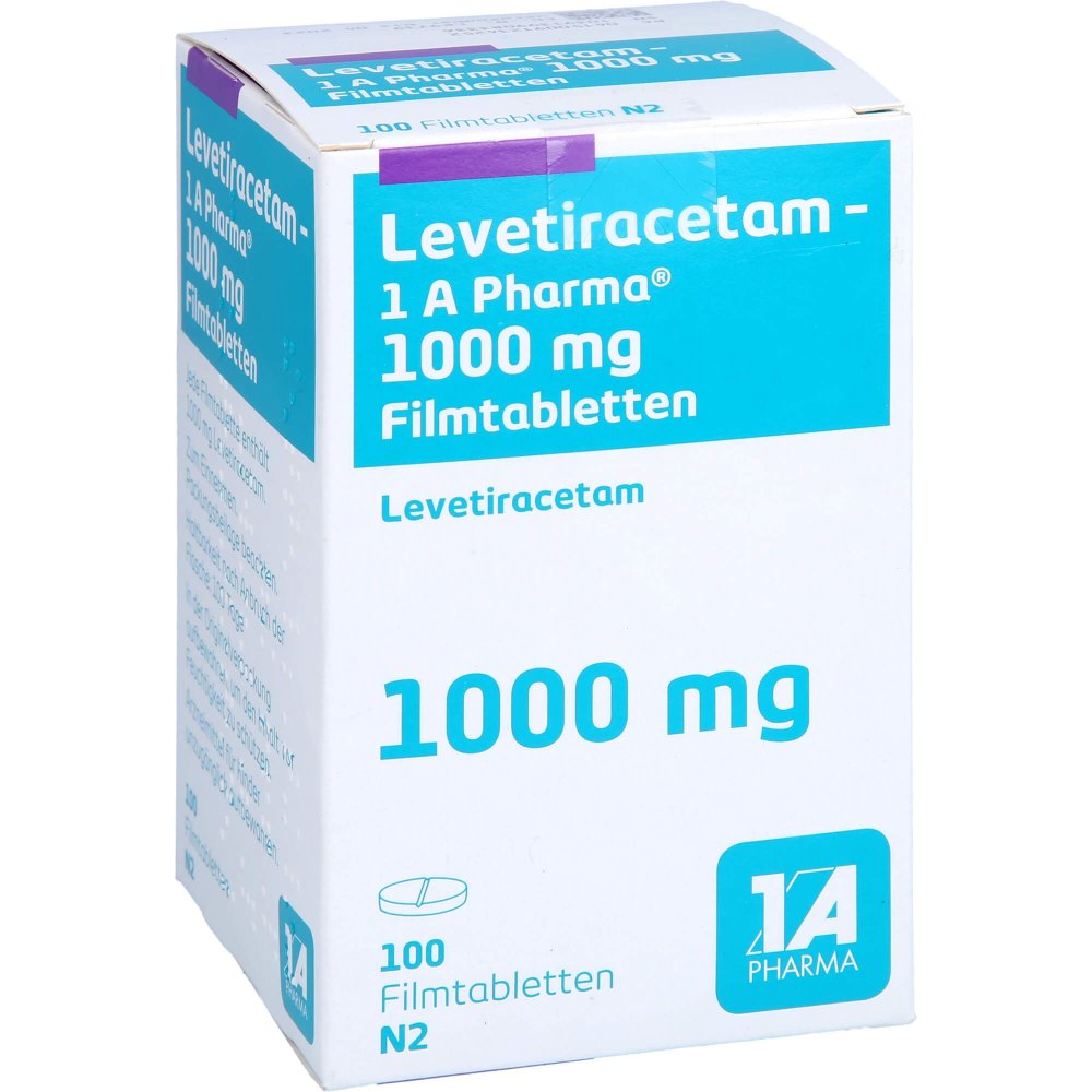 Das Produktfoto zeigt Levetiracetam-1a Pharma 1000 Mg Filmtabletten (100 stk) PZN 09123425