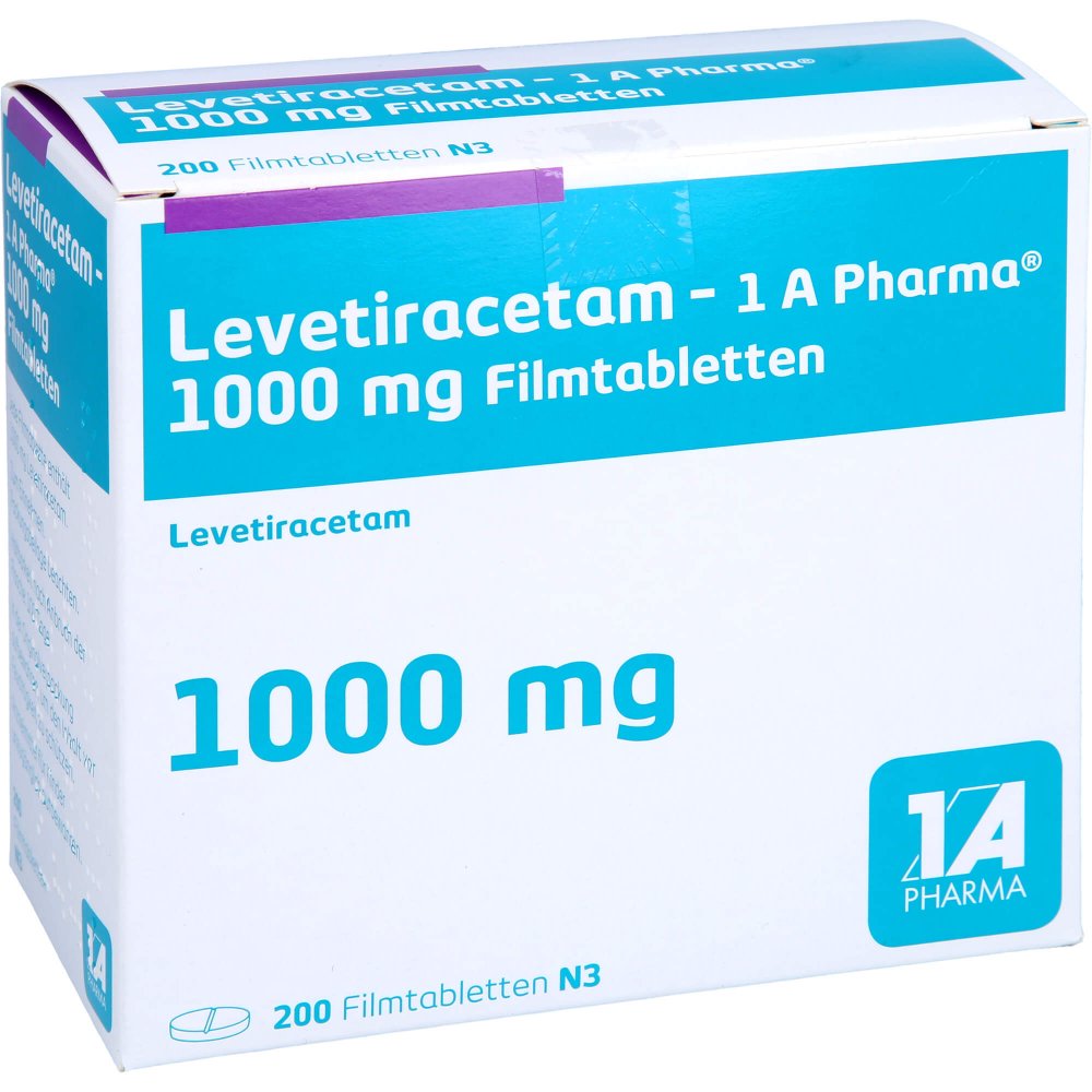 Das Produktfoto zeigt Levetiracetam-1a Pharma 1000 Mg Filmtabletten (200 stk) PZN 09123431