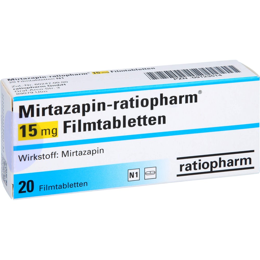 Das Produktfoto zeigt Mirtazapin-Ratiopharm 15 Mg Filmtabletten (20 stk) PZN 09123514
