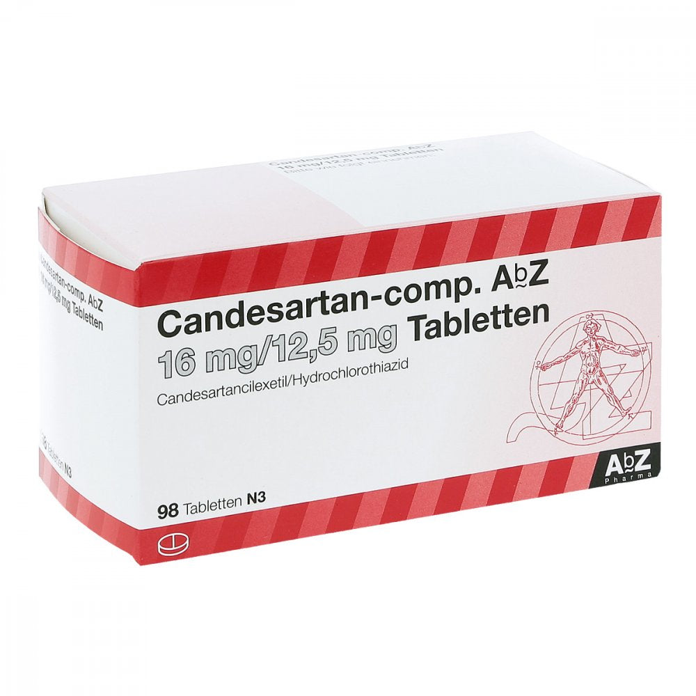 Das Produktfoto zeigt Candesartan Abz Comp. 16 Mg/12,5 Mg Tabletten (98 stk) PZN 09123974