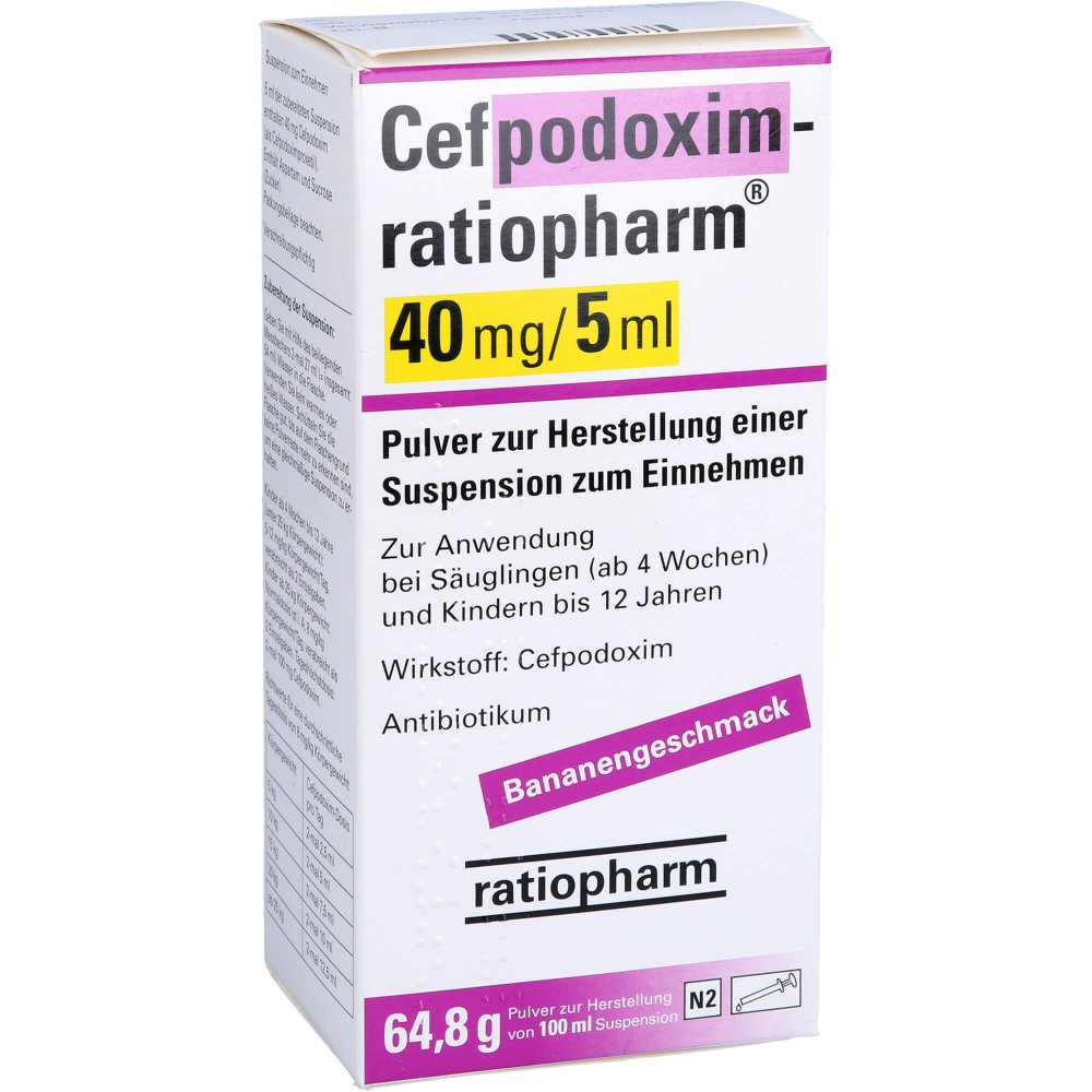 Das Produktfoto zeigt Cefpodoxim-Ratiopharm 40 Mg/5 Ml Ts Plv.Sus.-Hst. (100 ml) PZN 09124695