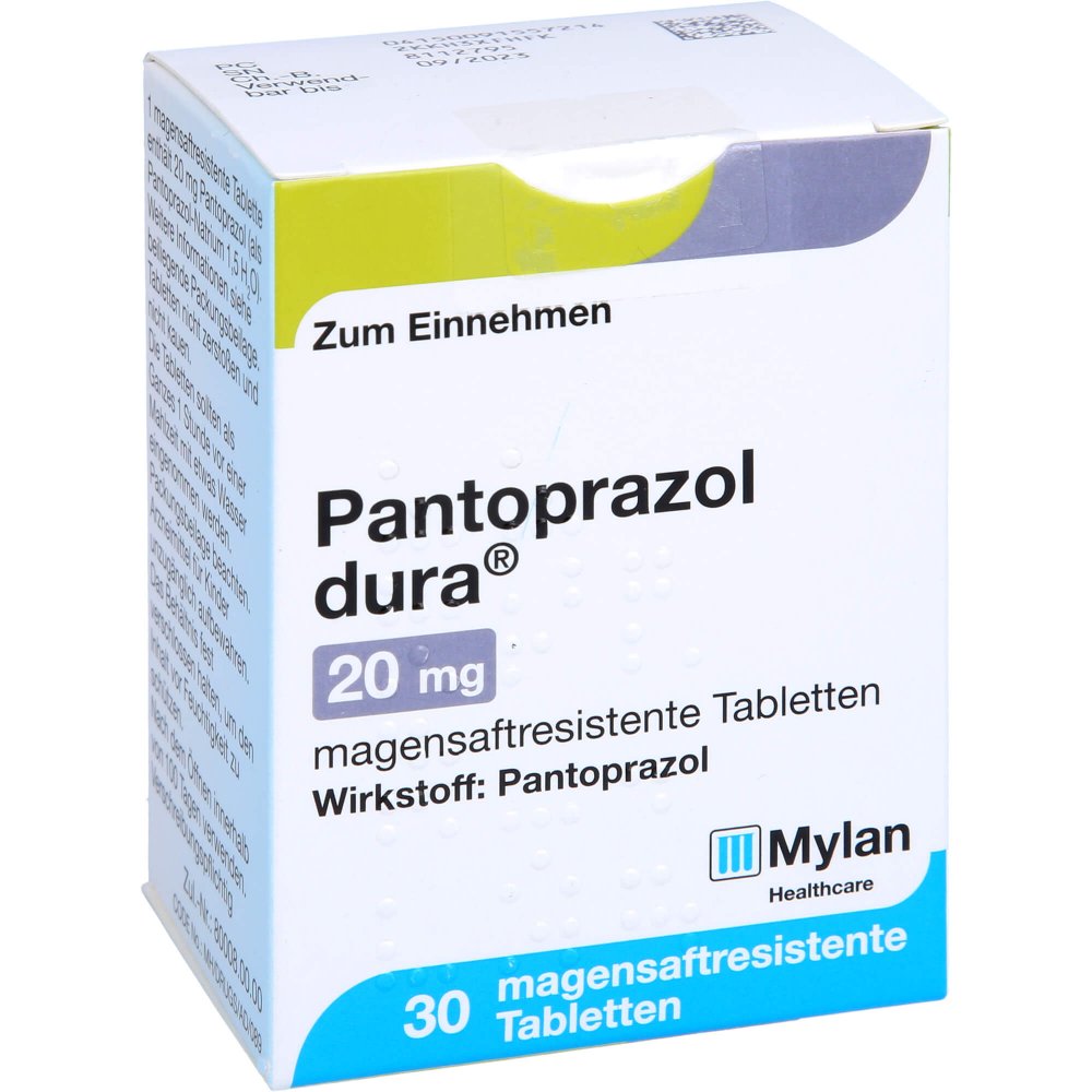 Das Produktfoto zeigt Pantoprazol Dura 20 Mg Magensaftres.Tabletten (30 stk) PZN 09155721