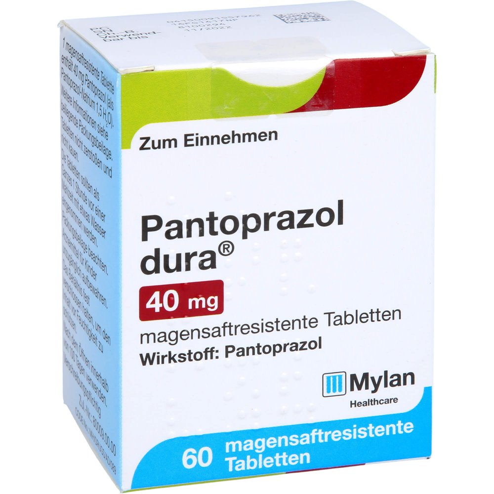 Das Produktfoto zeigt Pantoprazol Dura 40 Mg Magensaftres.Tabletten (60 stk) PZN 09155796