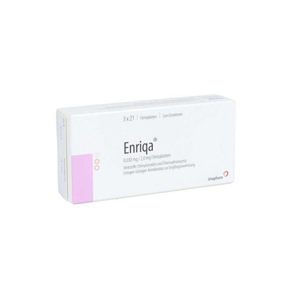 Das Produktfoto zeigt Enriqa 0,030 Mg/2,0 Mg Filmtabletten (3X21 stk) PZN 09156057