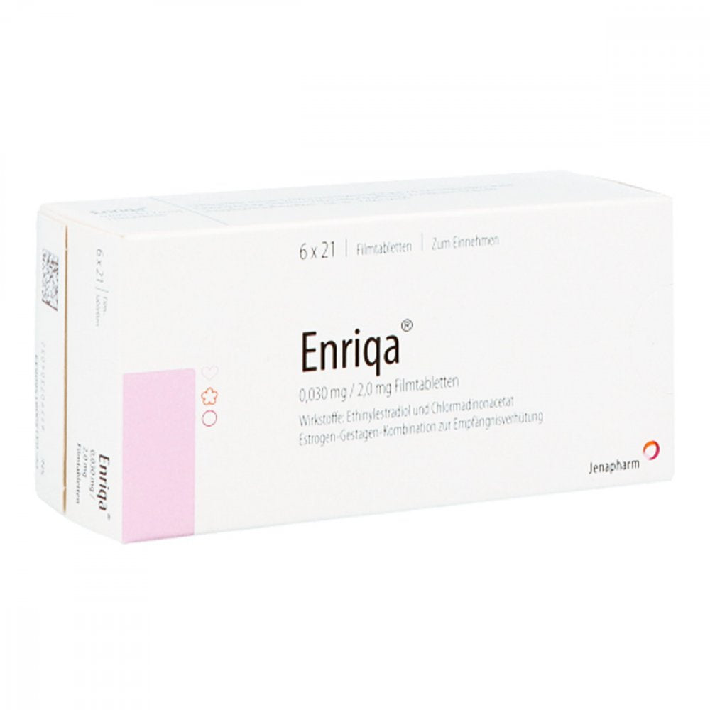 Das Produktfoto zeigt Enriqa 0,030 Mg/2,0 Mg Filmtabletten (6X21 stk) PZN 09156063