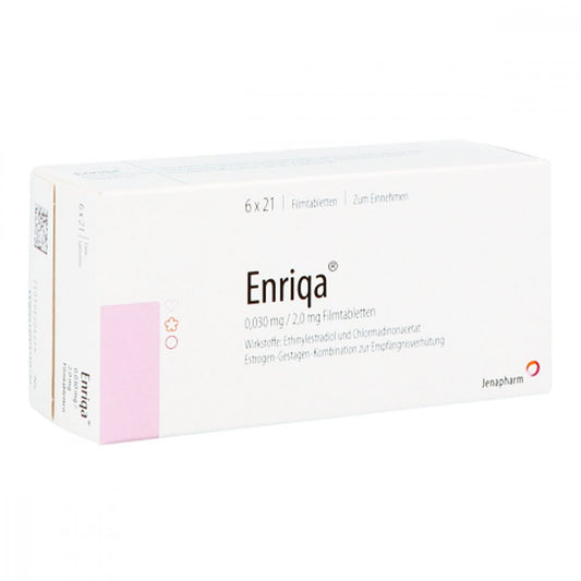 Das Produktfoto zeigt Enriqa 0,030 Mg/2,0 Mg Filmtabletten (6X21 stk) PZN 09156063