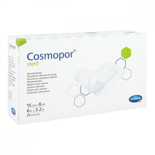 Das Produktfoto zeigt Cosmopor Steril Wundverband 8x15 Cm (25 stk) PZN 09177668