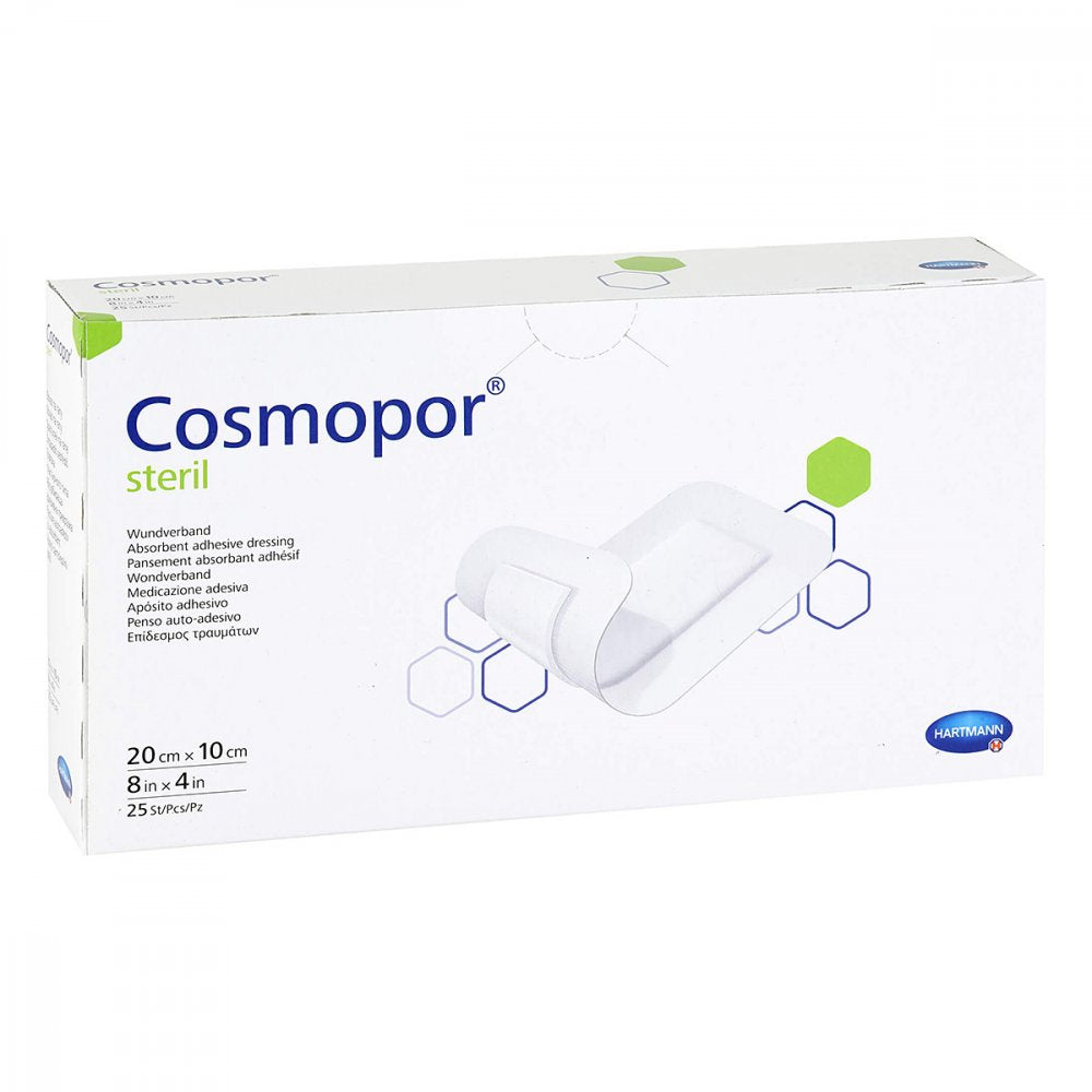 Das Produktfoto zeigt Cosmopor Steril Wundverband 10x20 Cm (25 stk) PZN 09177674