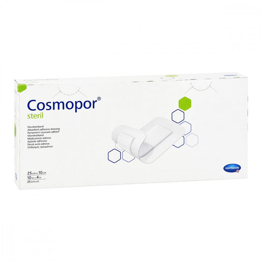 Das Produktfoto zeigt Cosmopor Steril Wundverband 10x25 Cm (25 stk) PZN 09177680