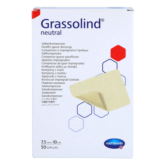 Das Produktfoto zeigt Grassolind Salbenkompressen 7,5x10 Cm Steril (50 stk) PZN 09177817