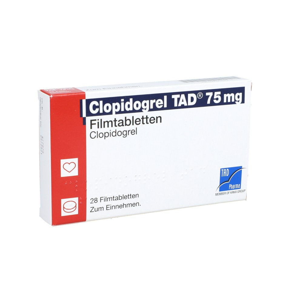 Das Produktfoto zeigt Clopidogrel Tad 75 Mg Filmtabletten (28 stk) PZN 09191533