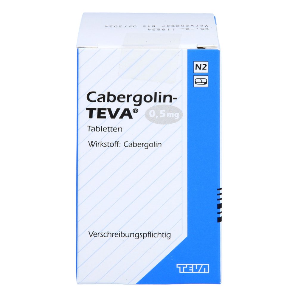 Das Produktfoto zeigt Cabergolin Teva 0,5 Mg Tabletten (8 stk) PZN 09191823
