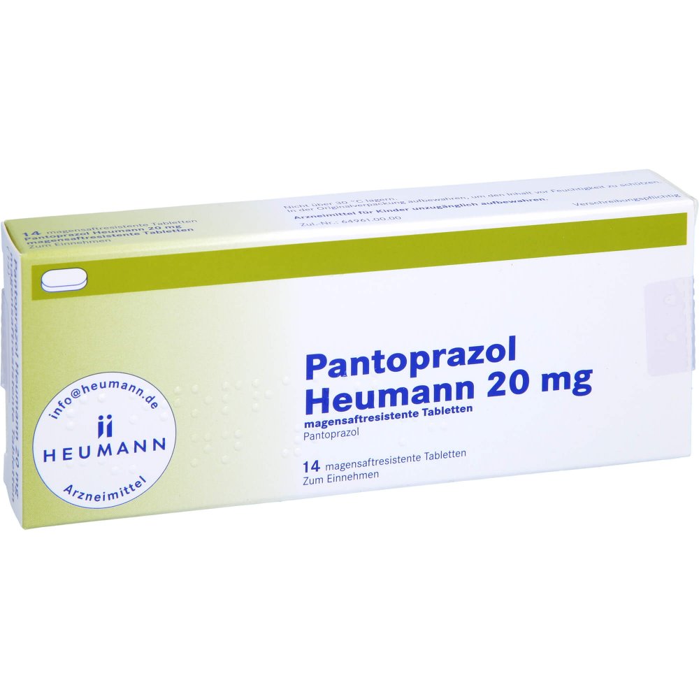 Das Produktfoto zeigt Pantoprazol Heumann 20 Mg Magensaftres.Tabletten (14 stk) PZN 09192142
