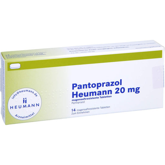 Das Produktfoto zeigt Pantoprazol Heumann 20 Mg Magensaftres.Tabletten (14 stk) PZN 09192142