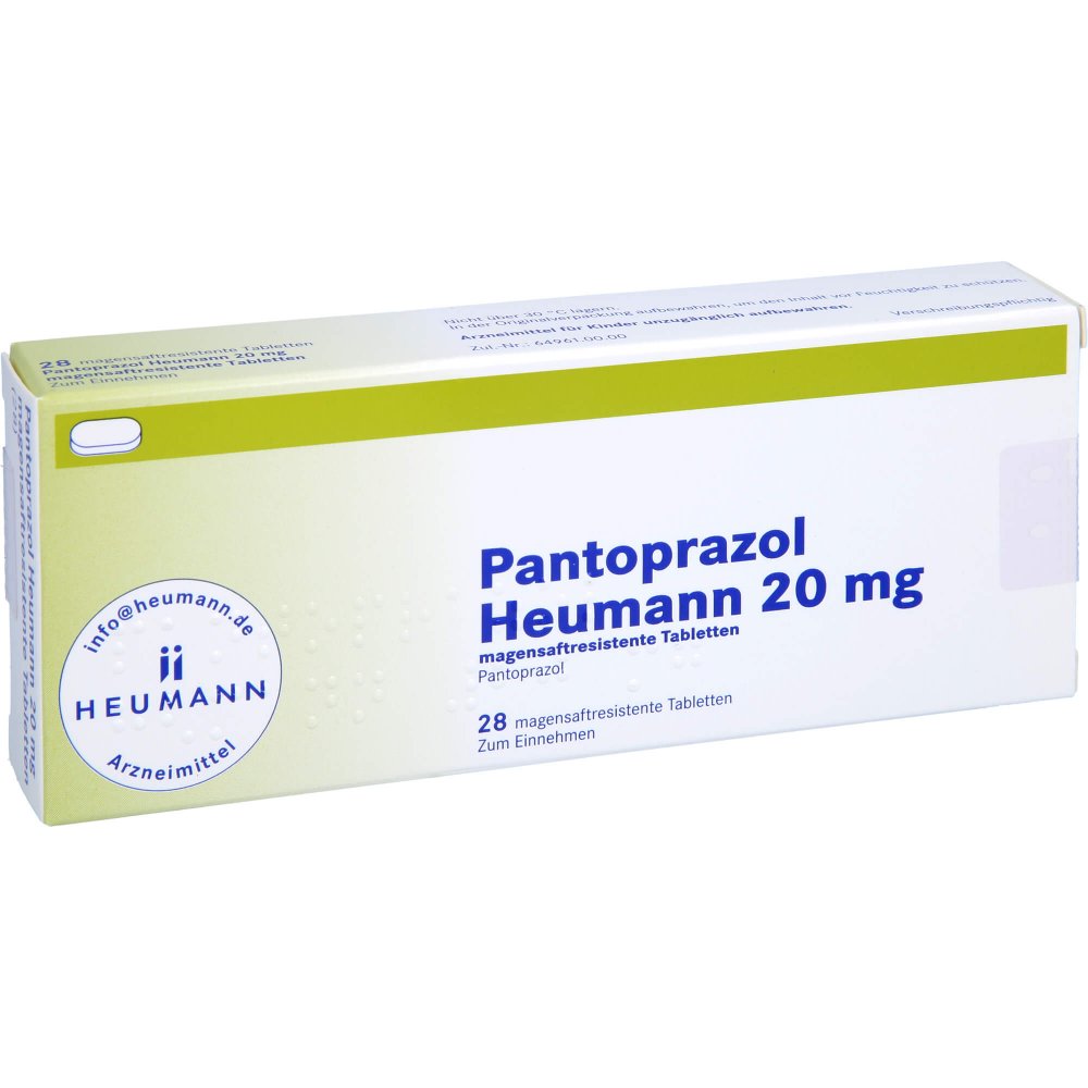 Das Produktfoto zeigt Pantoprazol Heumann 20 Mg Magensaftres.Tabletten (28 stk) PZN 09192165