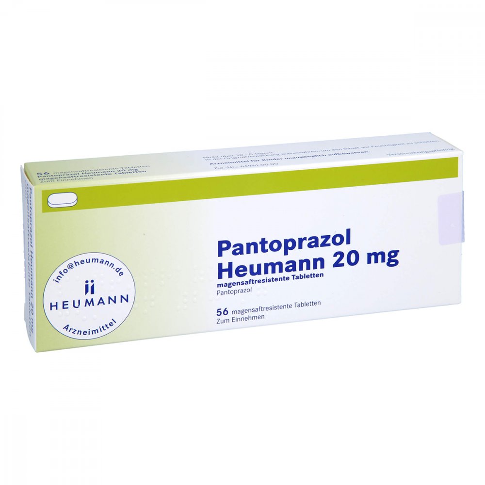 Das Produktfoto zeigt Pantoprazol Heumann 20 Mg Magensaftres.Tabletten (56 stk) PZN 09192171