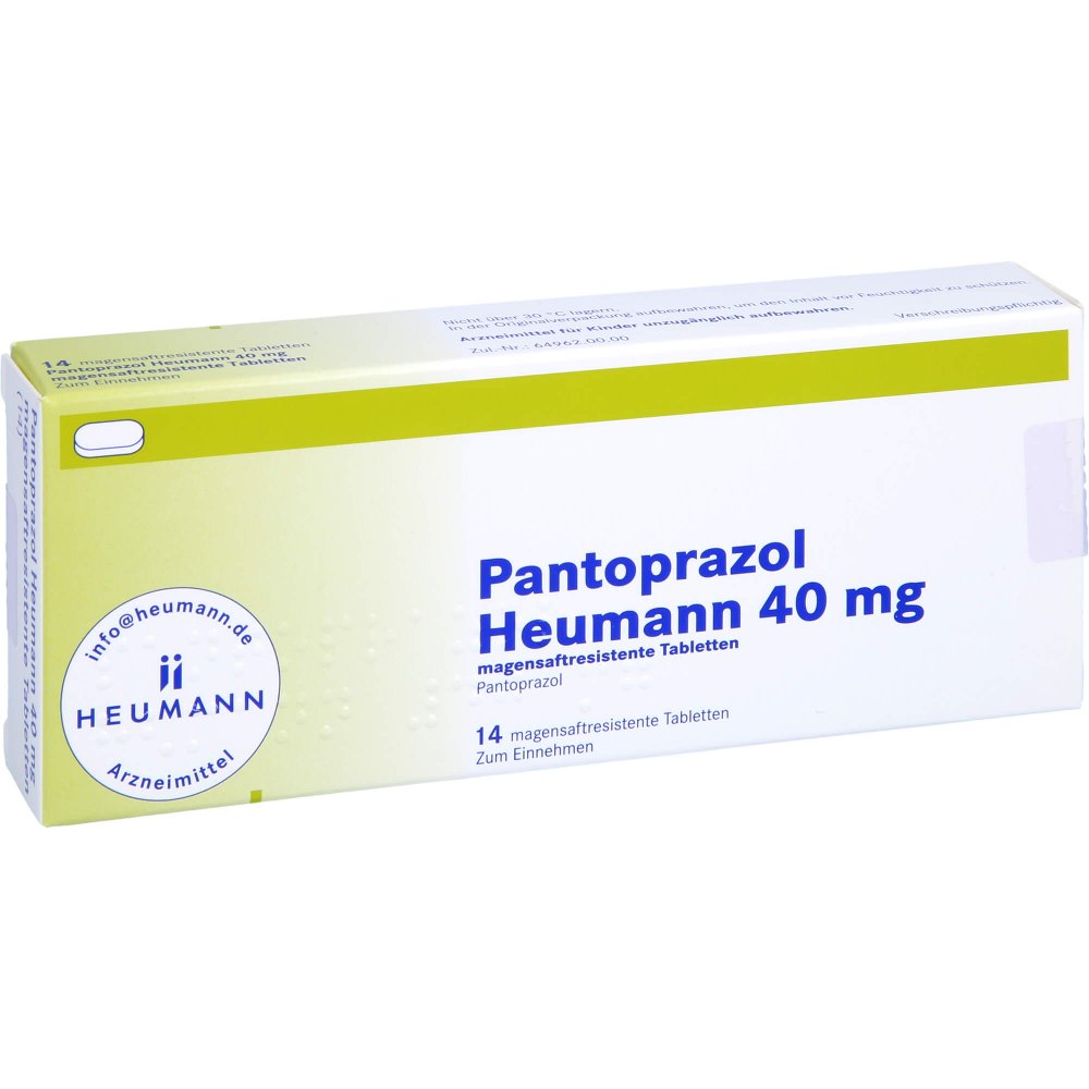 Das Produktfoto zeigt Pantoprazol Heumann 40 Mg Magensaftres.Tabletten (14 stk) PZN 09192219