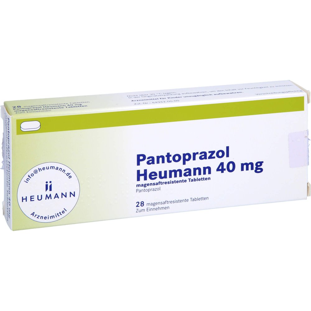 Das Produktfoto zeigt Pantoprazol Heumann 40 Mg Magensaftres.Tabletten (28 stk) PZN 09192248