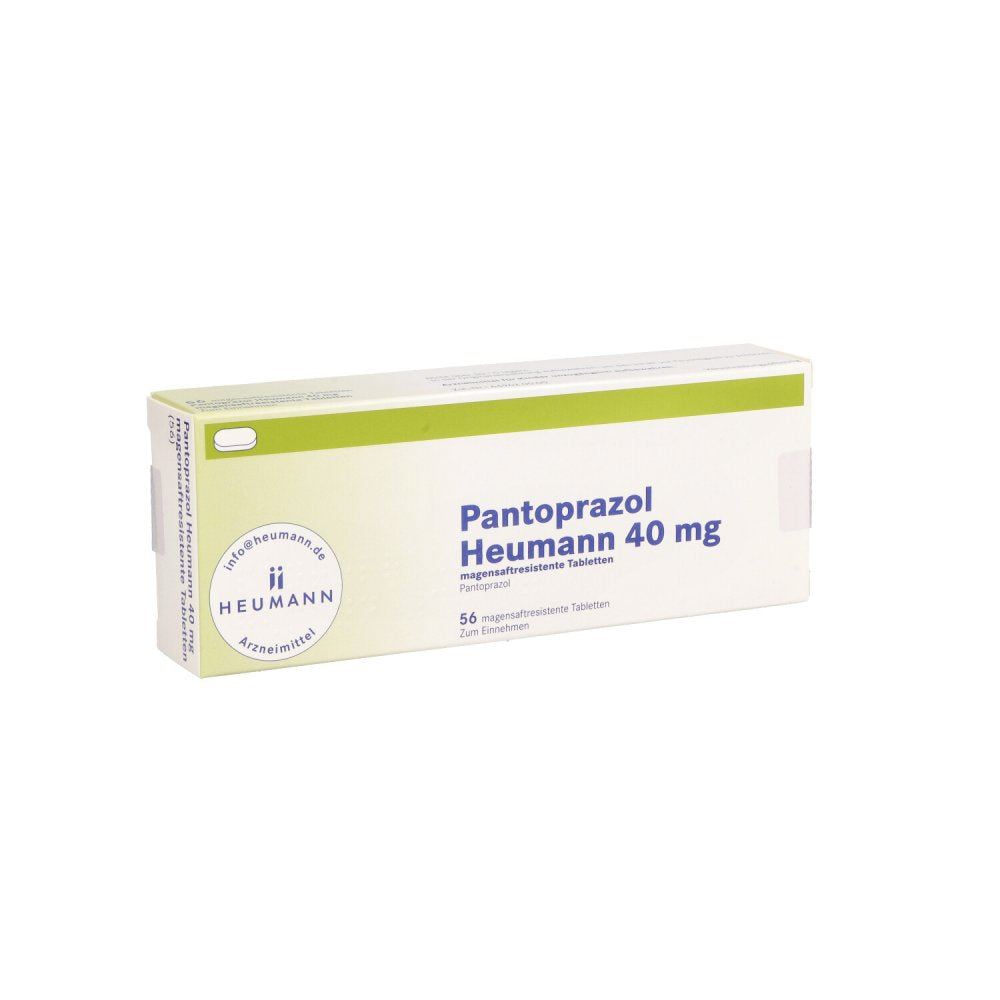 Das Produktfoto zeigt Pantoprazol Heumann 40 Mg Magensaftres.Tabletten (56 stk) PZN 09192254