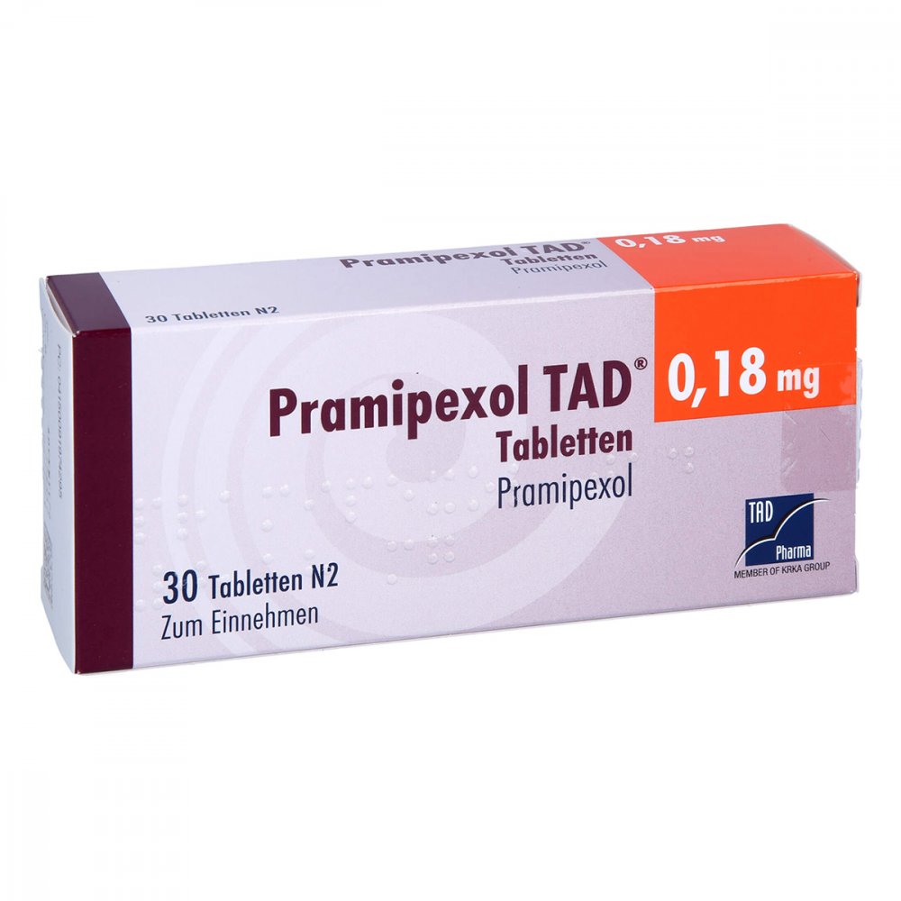 Das Produktfoto zeigt Pramipexol Tad 0,18 Mg Tabletten (30 stk) PZN 09197429