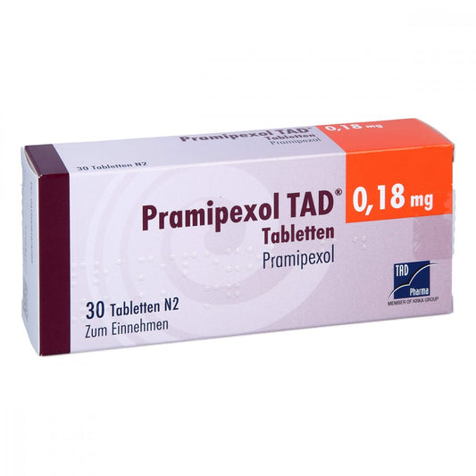 Das Produktfoto zeigt Pramipexol Tad 0,18 Mg Tabletten (30 stk) PZN 09197429