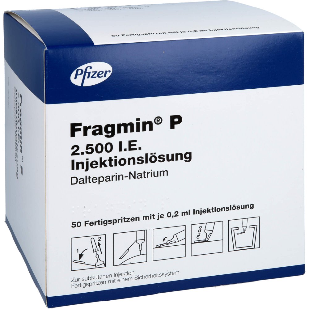 Das Produktfoto zeigt Fragmin 2.500 I.E. P Inj.-Lsg.I.E.Fs.M.Sich-Sys. (50 stk) PZN 09197961