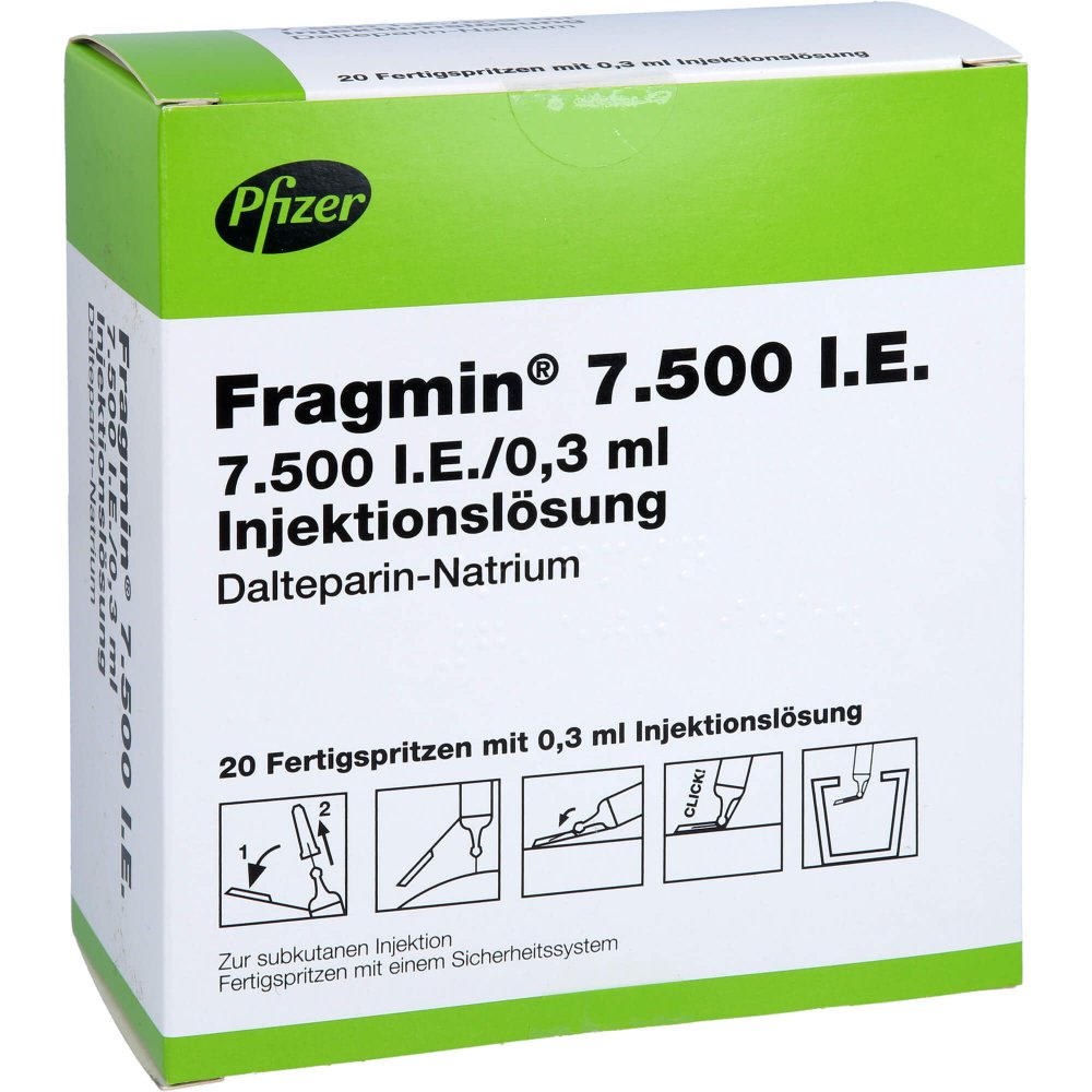 Das Produktfoto zeigt Fragmin 7.500 I.E. Inj.-Lsg.I.E.Fs.M.Sich-Sys. (20 stk) PZN 09197984
