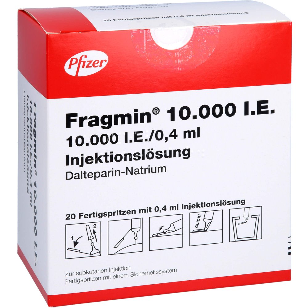 Das Produktfoto zeigt Fragmin 10.000 I.E. Inj.-Lsg.I.E.Fs.M.Sich-Sys. (20 stk) PZN 09197990