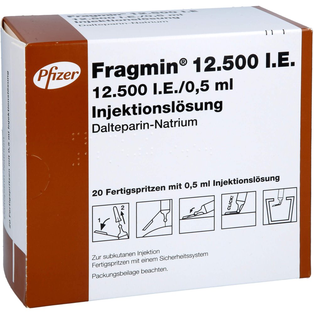 Das Produktfoto zeigt Fragmin 12.500 I.E. Inj.-Lsg.I.E.Fs.M.Sich-Sys. (20 stk) PZN 09198009