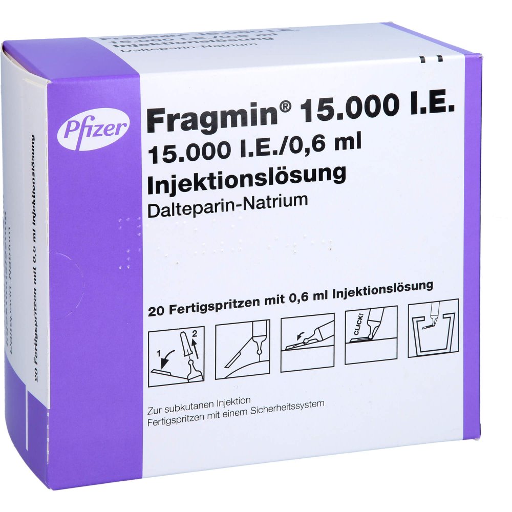 Das Produktfoto zeigt Fragmin 15.000 I.E. Inj.-Lsg.I.E.Fs.M.Sich-Sys. (20 stk) PZN 09198015