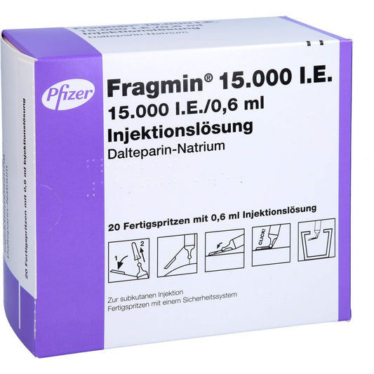 Das Produktfoto zeigt Fragmin 15.000 I.E. Inj.-Lsg.I.E.Fs.M.Sich-Sys. (20 stk) PZN 09198015
