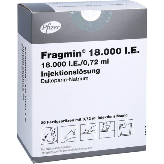 Das Produktfoto zeigt Fragmin 18.000 I.E. Inj.-Lsg.I.E.Fs.M.Sich-Sys. (20 stk) PZN 09198021