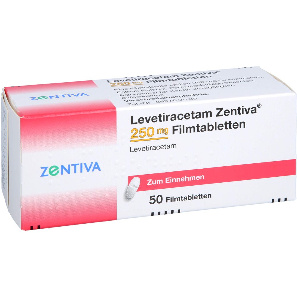 Das Produktfoto zeigt Levetiracetam Zentiva 250 Mg Filmtabletten (50 stk) PZN 09199167