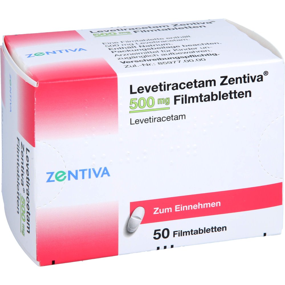 Das Produktfoto zeigt Levetiracetam Zentiva 500 Mg Filmtabletten (50 stk) PZN 09199227