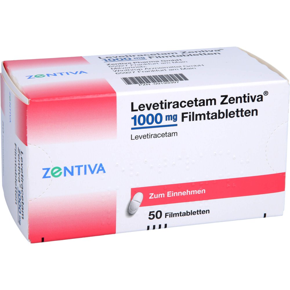 Das Produktfoto zeigt Levetiracetam Zentiva 1000 Mg Filmtabletten (50 stk) PZN 09199397