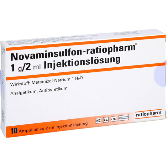 Das Produktfoto zeigt Novaminsulfon-Ratiopharm 1 G/2 Ml Inj.-Lsg.Amp. (10 stk) PZN 09205198