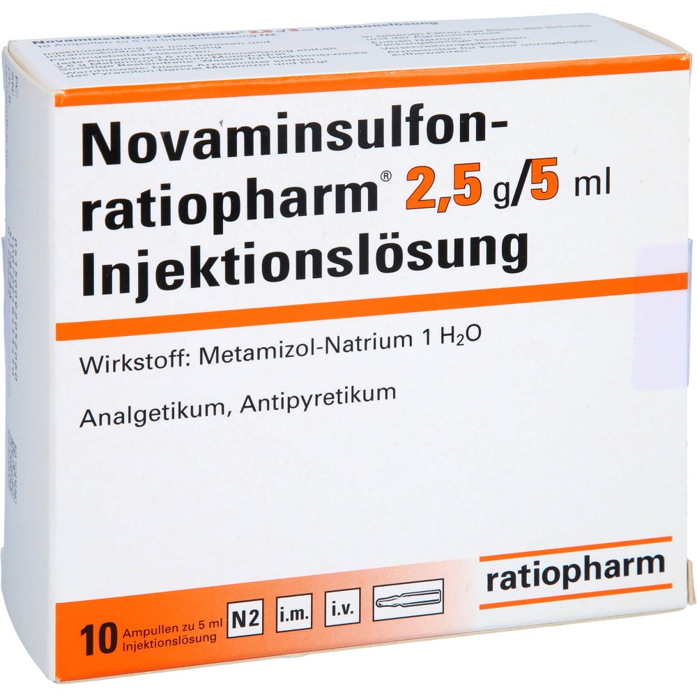 Das Produktfoto zeigt Novaminsulfon-Ratiopharm 2,5 G/5 Ml Inj.-Lsg.Amp. (10 stk) PZN 09205206