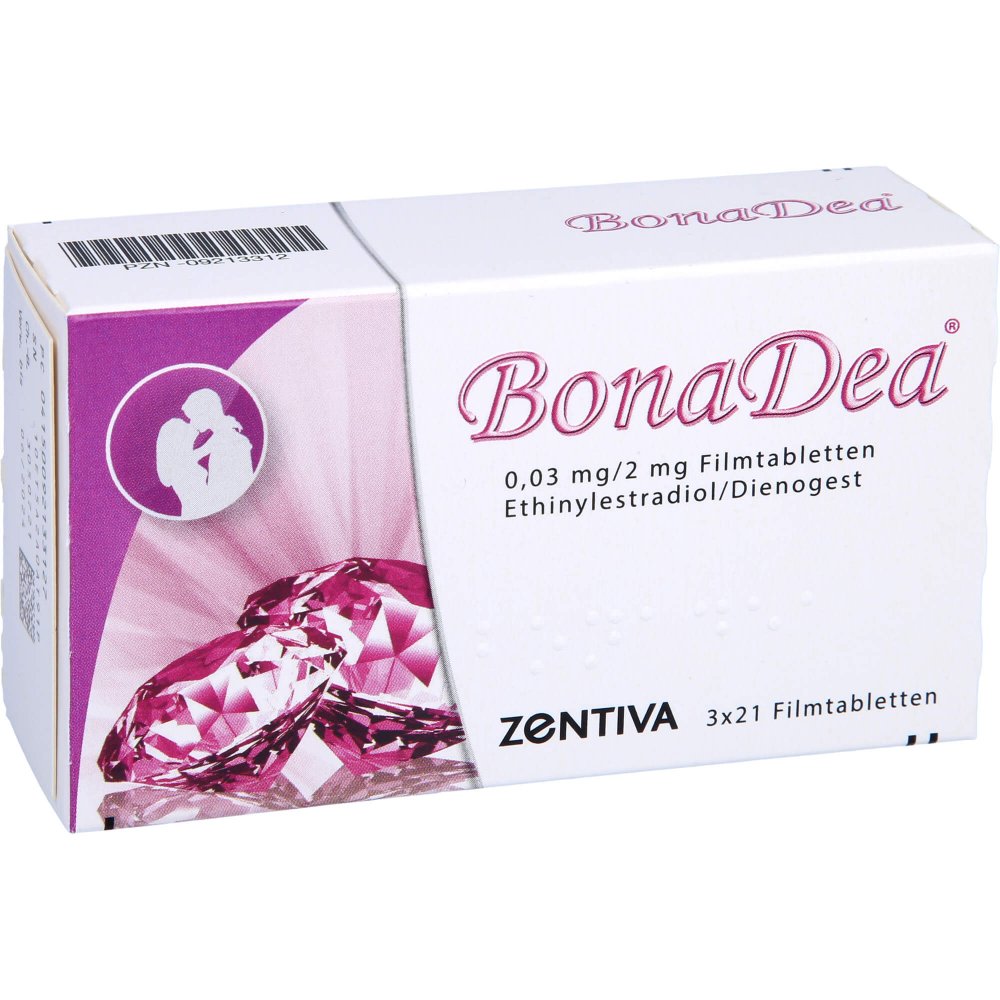 Das Produktfoto zeigt Bonadea 0,03 Mg/2 Mg Filmtabletten (3X21 stk) PZN 09213312