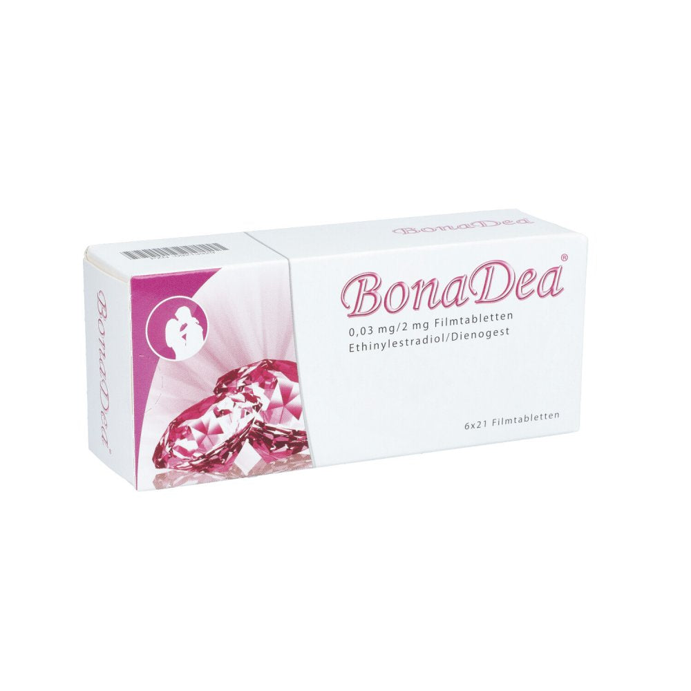 Das Produktfoto zeigt Bonadea 0,03 Mg/2 Mg Filmtabletten (6X21 stk) PZN 09213329